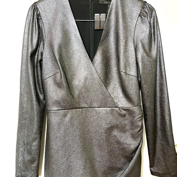 BCBGMAXAZRIA Silver Metallic Faux Wrap Mini Dress size 6 New Year's Eve dress - Picture 4 of 7